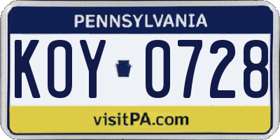 PA license plate KOY0728