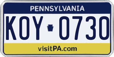 PA license plate KOY0730