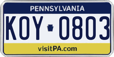 PA license plate KOY0803
