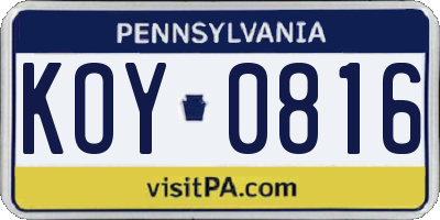 PA license plate KOY0816