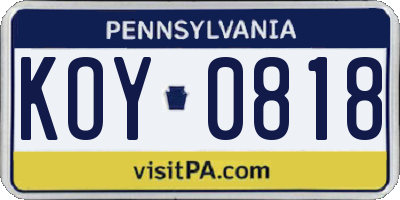 PA license plate KOY0818