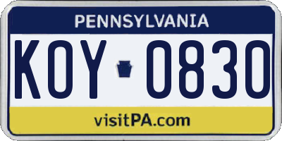 PA license plate KOY0830