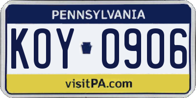PA license plate KOY0906
