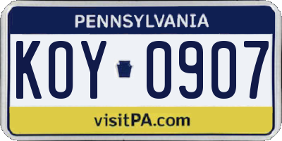 PA license plate KOY0907
