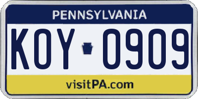 PA license plate KOY0909