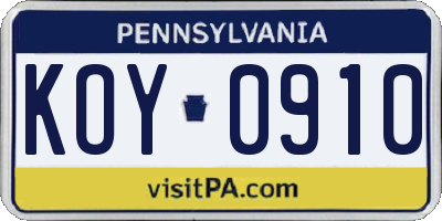 PA license plate KOY0910
