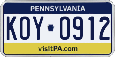 PA license plate KOY0912
