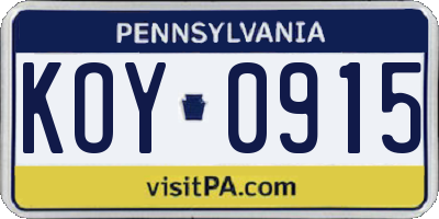 PA license plate KOY0915