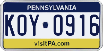 PA license plate KOY0916