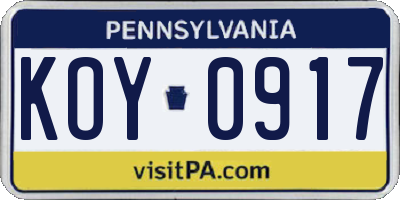 PA license plate KOY0917