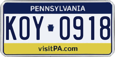 PA license plate KOY0918
