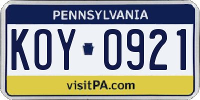 PA license plate KOY0921