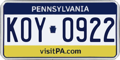 PA license plate KOY0922