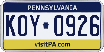 PA license plate KOY0926
