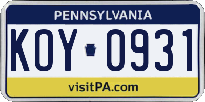 PA license plate KOY0931