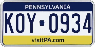PA license plate KOY0934