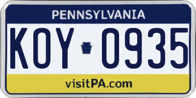PA license plate KOY0935