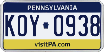 PA license plate KOY0938
