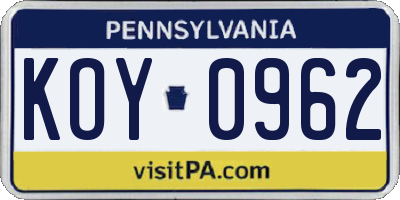 PA license plate KOY0962