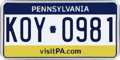 PA license plate KOY0981