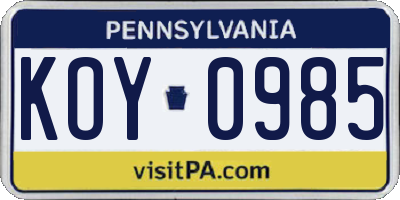 PA license plate KOY0985