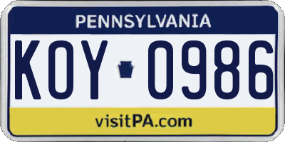 PA license plate KOY0986