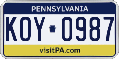 PA license plate KOY0987