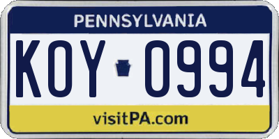 PA license plate KOY0994