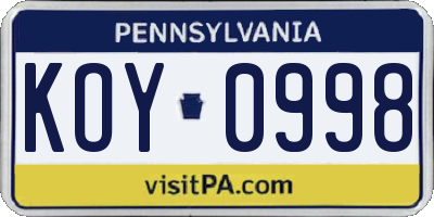 PA license plate KOY0998