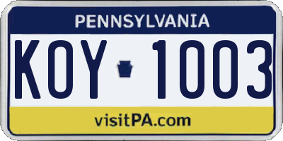 PA license plate KOY1003