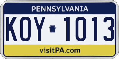 PA license plate KOY1013