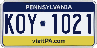 PA license plate KOY1021