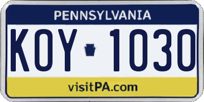 PA license plate KOY1030
