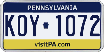 PA license plate KOY1072
