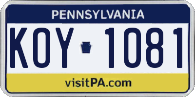PA license plate KOY1081