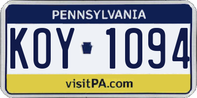 PA license plate KOY1094