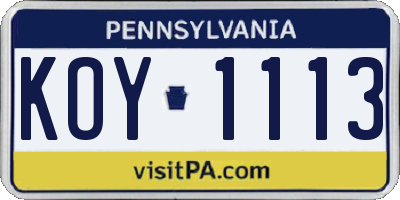PA license plate KOY1113