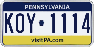 PA license plate KOY1114