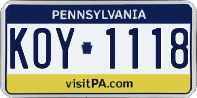 PA license plate KOY1118