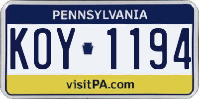 PA license plate KOY1194