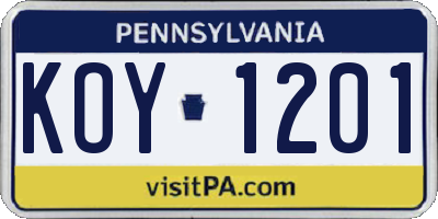PA license plate KOY1201