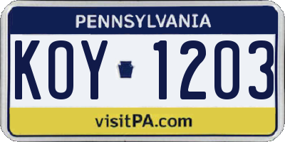 PA license plate KOY1203