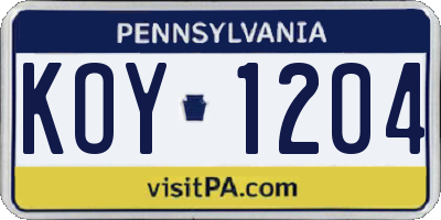 PA license plate KOY1204