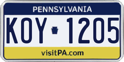 PA license plate KOY1205