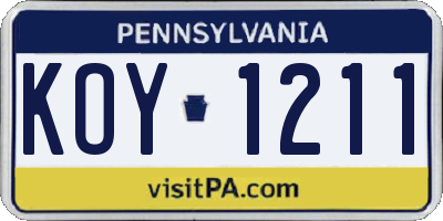 PA license plate KOY1211