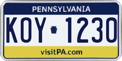 PA license plate KOY1230