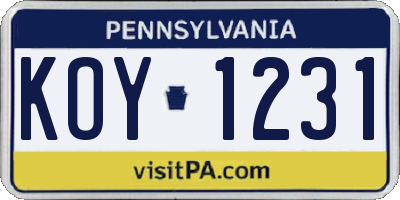 PA license plate KOY1231