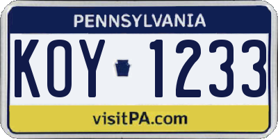 PA license plate KOY1233