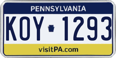 PA license plate KOY1293