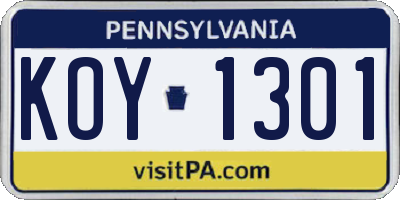 PA license plate KOY1301